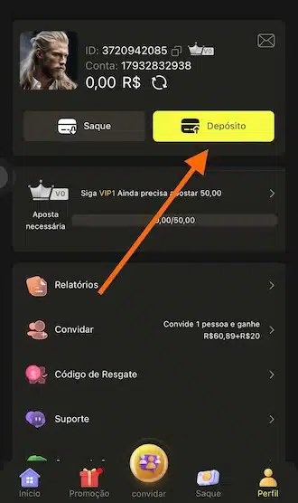 Na página inicial, é só clicar no botão "depósito".