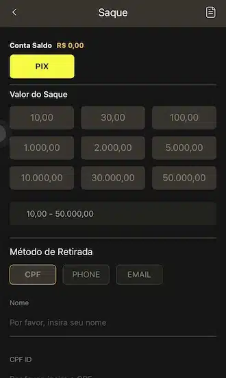 Agora, é só escolher o valor que você quer sacar. O limite é de R$ 20 até R$ 15.000.